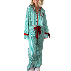 Striped Print Long Sleeve Button-up Shirts And Long Pant Pajama Set