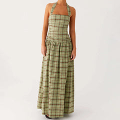 Green Plaid Halter Maxi Dress