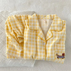 Yellow Embroidery Plaid Dachshund Pajama Set
