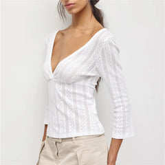 Eyelet Textured V-Neck 3/4 Flare Sleeve Top