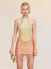 Tassel Bandage O-Neck Gradient Mini Dress