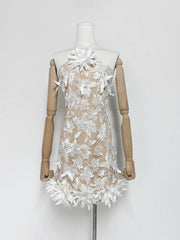 Halter Neck Embroidery Flowers Mini Dress