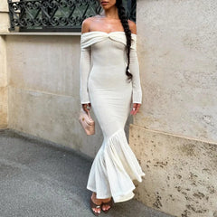 Off The Shoulder Long Sleeve Fishtail Maxi Dress