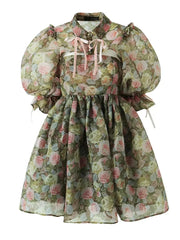 Green Floral Mesh Strapless A-line Mini Dress With Removable High Collar Bow Sleeves