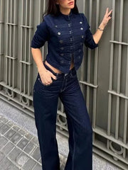 Stand Collar Denim Button Jacket