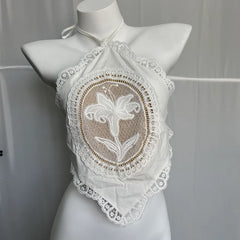 White Doily Lace Neck Tie-Up Top And Mini Bubble Skirt Set