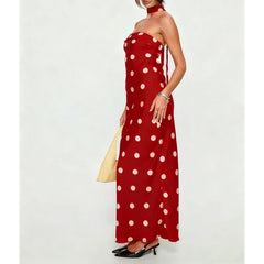 Strapless Dot Print Maxi A-line Dress with Scarf