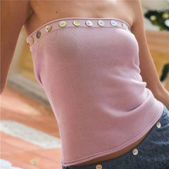 Ribbed Shell Buttons Trim Tube Top