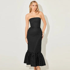 Polka Dot Strapless Tiered Hem Midi Dress
