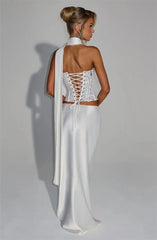 Sequins Scarf Collar Lace Up Corset Top And Satin Maxi Skirt