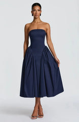 Blue Strapless Lace Up A-Line Midi Dress