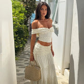 White Polka Dot Crop Top And Side Bow Skirt Set