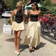 Patchwork Puff Halterneck Black Satin Mini Dress