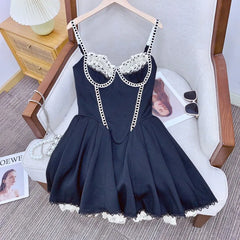 Black Fishbone Lace Trim Mini Dress