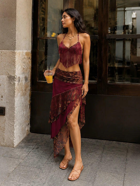 Burgendy Tassel Patchwork Halter Tank Top And Irregular Hem Midi Skirt Set