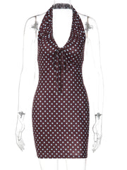 Brown Polka Dot Ruched Neck Mini Dress