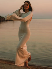 Knitted Backless Long Sleeve Maxi Dress