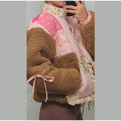 Patchwork Floral Gingham Print Bow Decor Fleece Jacket