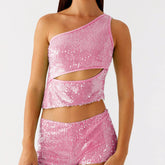 Pink sequin top with cutout design - front view