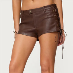Faux Leather Low Rise Shorts with Lace-Up Side Detail