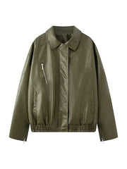 Green Pu Leather Zipper Jacket