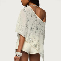 Sequin One Shoulder Sheer Poncho Top