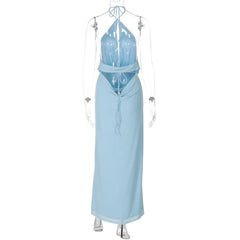 Blue Halter Drape Top And Maxi Skirt Set