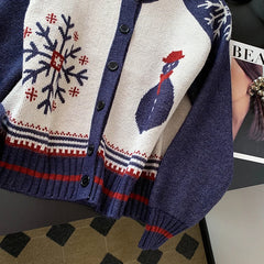 Christmas Print Long Sleeve Buttoned Sweater