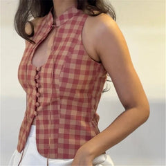 Gingham Keyhole Tie Collar Tank Top