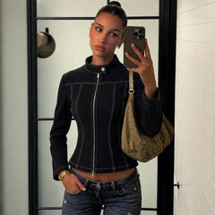 Contrast Stitch Stand Collar Zip Up Motorcycle Jacket