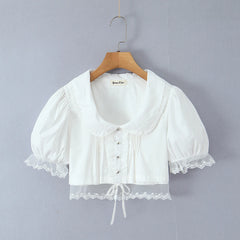 White Lace Hem Puff Sleeve Peter Pan Collar Crop Top