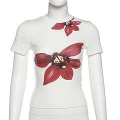 White Flower Print Round Neck Short Sleeve T Shirt