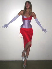 Purple Corset Fake Layer Bra Vest And Irregular Hem Red Skirt Set