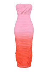 Pink Gradient Strapless Ruched Maxi Dress