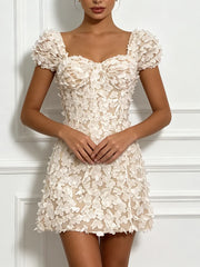 3D Flower Beaded Square Collar Short Sleeve Mini Dress