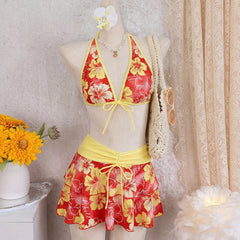 Floral Color Block Triangle Bikini And Pants With Cover Up Skirt Three-Piece Set