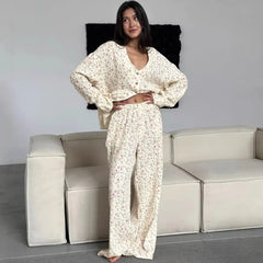 Yellow Printed Long Sleeved Buttoned Shirt And Pants Pajama Set