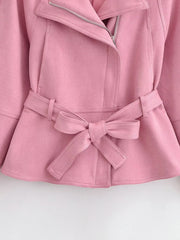 Pink Faux Suede Lapel Collar Belted Jacket