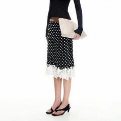 Lace Trimmed Patchwork Satin Midi Skirt