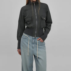 Ribbed Zippered Pocket Long Sleeve Short Panelled Jacket