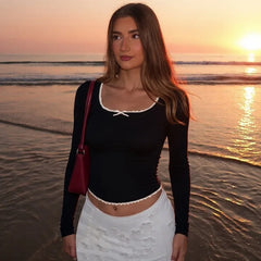 Lace Trim Solid Long Sleeve Top