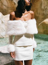 White Fur Collar Long Sleeves Off-Shoulder Top And Mini Skirt Set