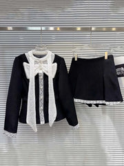 Black Lace Bow Quilted Short Blazer And Skirt Set