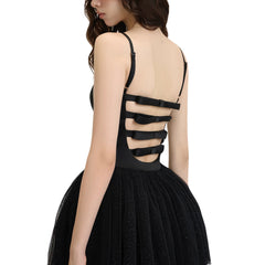 Black Satin Bow Straps Back Frill Mini Dress