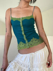 Blue Button Up Lace Trim Spaghetti Strap Crop Top