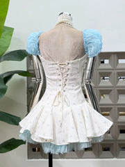 Floral Print Corset Square Neck Puff Sleeve Ruffle Hem Mini Dress