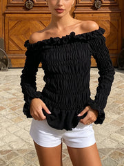 Black Smocked Slash Neck Long Sleeve Top