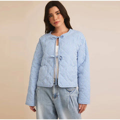 Blue Gingham Heart-Shaped Pocket Padded Jacket