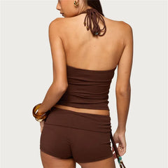 Brown Cross Strap Beaded Crop Top and Drawstring Shorts Set