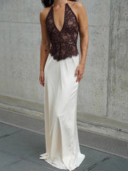 White Lace Black Patchwork Halter Maxi Dress